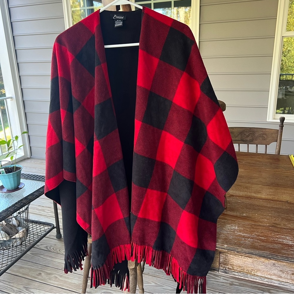 Eivissa Buffalo Plaid Poncho/Shawl/Cape Red Black Polyester Fleece One Size